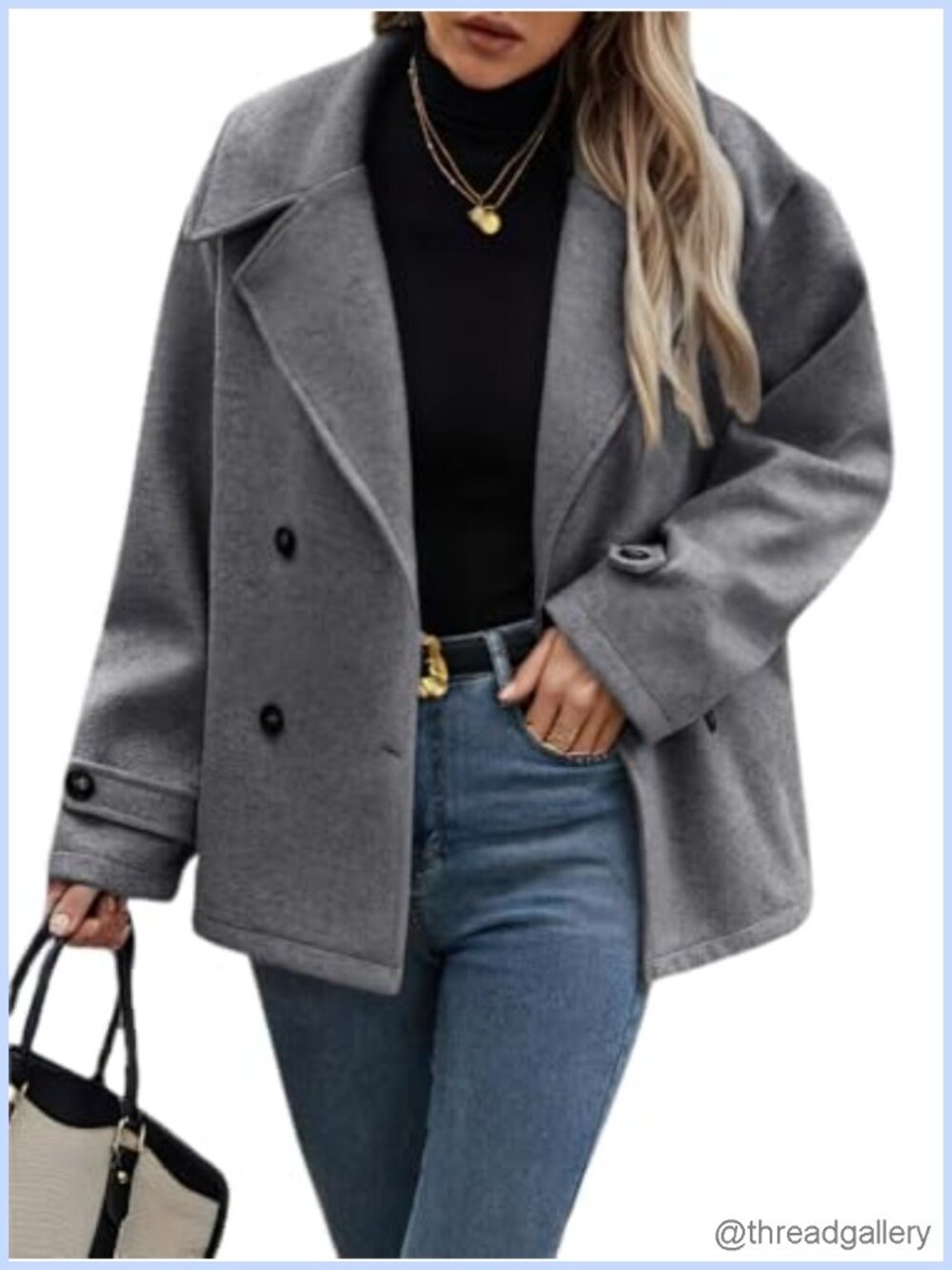 Women's Cropped Wool Blend Pea Coat Button Down Loose Fit Winter Work Coat